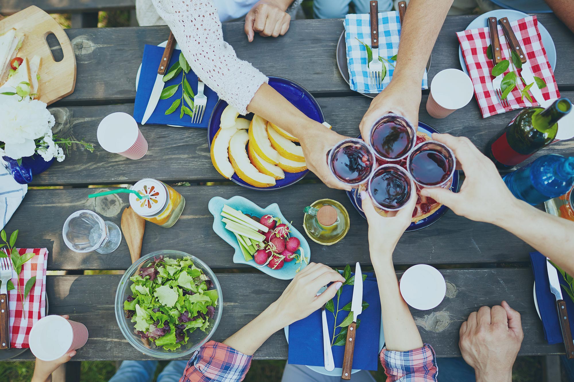 Four individuals clinking glasses together over a picnic table.